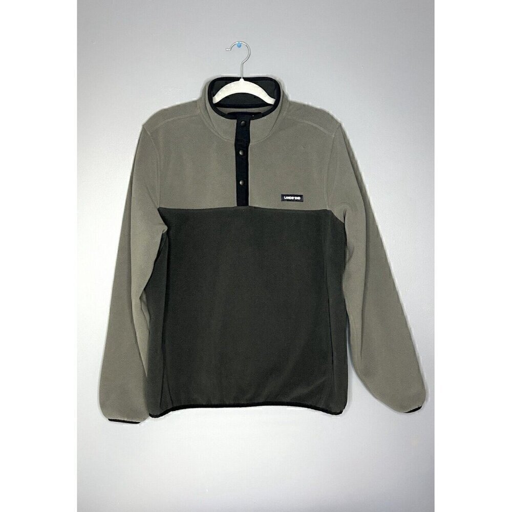 LANDS END Fleece Mens L Heritage Colorblock Snap Neck Pullover OEKO-TEX Grey